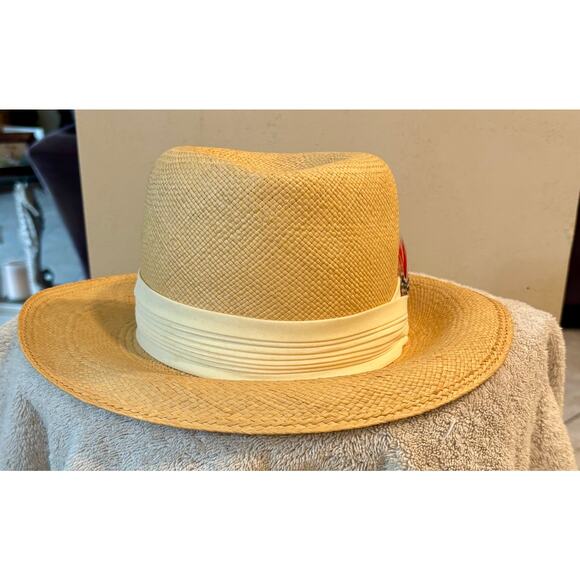 Vintage Styled By Coralie Cream Straw Hat Feather embellished Gambler Fedora - Picture 3 of 7